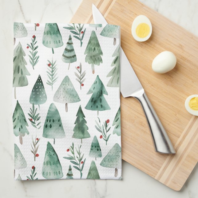 Evergreen Forest Watercolor Kitchen Towel Geschirrtuch (Viertel Falte)