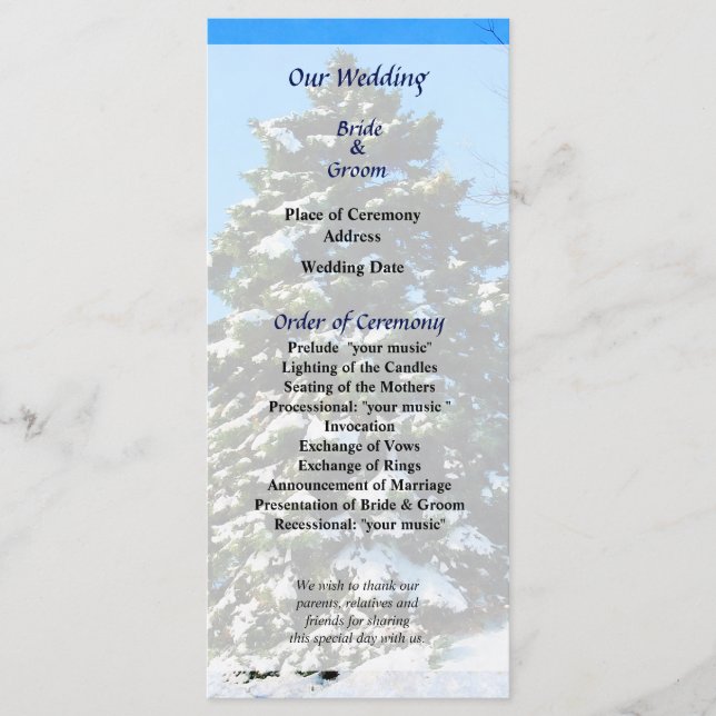 Evergreen im Winter Wedding Program Programm (Vorderseite)