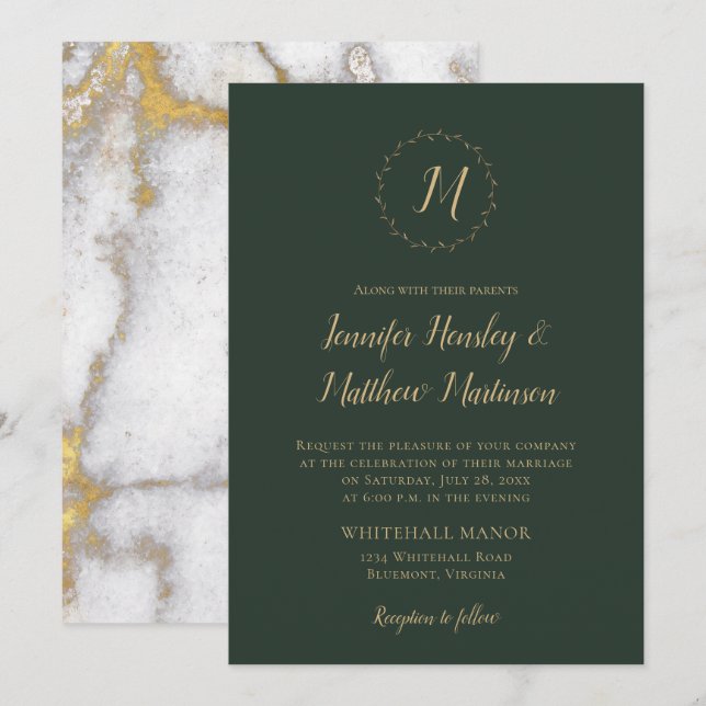 Evergreen Monogram Gold Marble Winter Wedding Einladung (Vorne/Hinten)