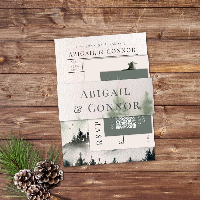 Evergreen Mountain Mist Rustikaler Winter White Gr Einladungsbanderole (Von Creator hochgeladen)