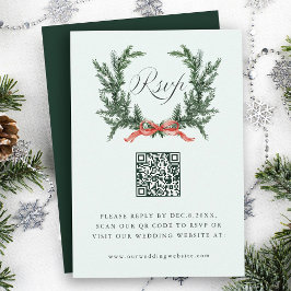 Evergreen Pine Wreath Wedding Mint Green QR Code RSVP Karte