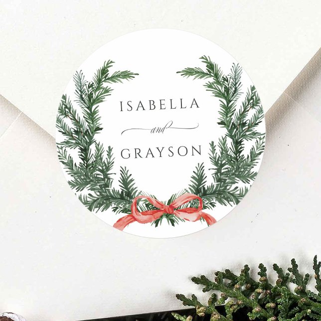 Evergreen Pine Wreath Wedding Runder Aufkleber (Von Creator hochgeladen)