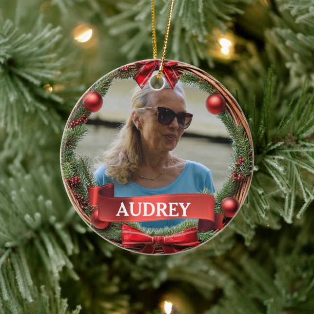 Evergreen Pinecone Wreath ANY Photo Keramik Ornament (Baum)