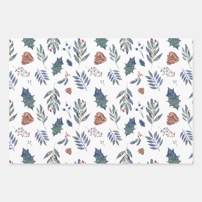 Evergreen Pinecones & Berries Green, White, Red Geschenkpapier Set (Vorderseite)