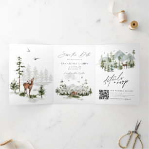 Evergreen Pines Rustikale Hochzeit rettet das Datu Dreifach Gefaltete Einladung
