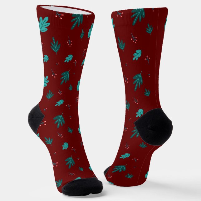 Evergreen Tree Blätter & Red Holly Berries Socken (Gewinkelt)