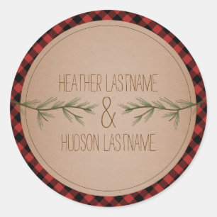 Evergreen Tree Branches Karierte Hochzeitsticker Runder Aufkleber