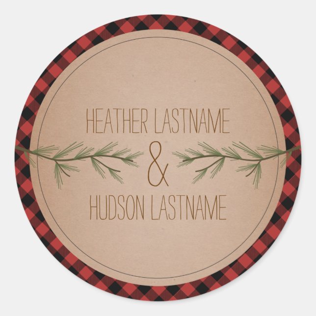 Evergreen Tree Branches Karierte Hochzeitsticker Runder Aufkleber (Vorderseite)