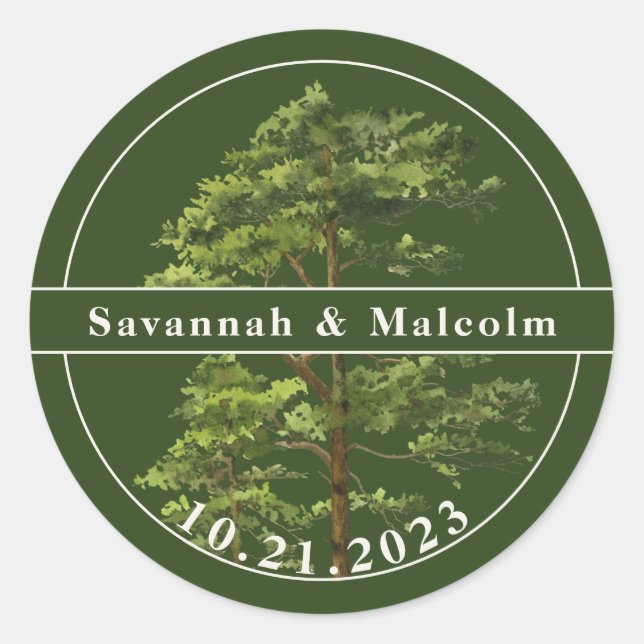 Evergreen Tree | Nature Wedding Personalisiert Runder Aufkleber (Vorderseite)