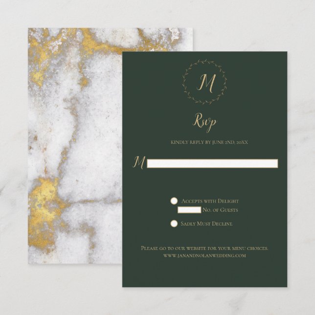 Evergreen und Gold Marble Monogram Vertikale UAWG RSVP Karte (Vorne/Hinten)
