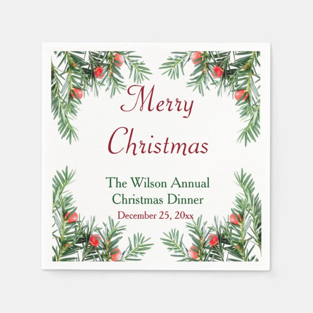 Evergreen und Red Berries Weihnachten Napkins Serviette (Vorderseite)