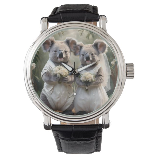 "Evergreen Vows: Eine Koala-Hochzeit in Weiß" Armbanduhr (Vorderseite)