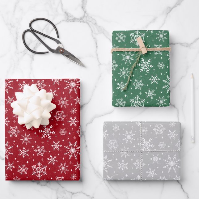 Evergreen Weihnachtsschneeflocken Red Green Silver Geschenkpapier Set (Vorderseite)