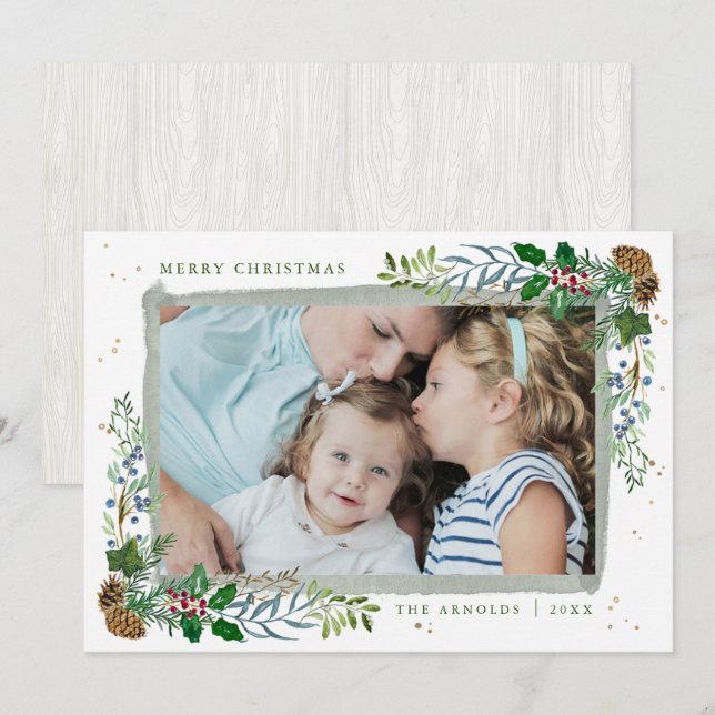 Evergreen Woodland Gerahmtes Foto Weihnachtskarte Einladung (Vorne/Hinten)