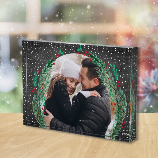 Evergreen Wreath Snow Christmas Black Foto Block (Von Creator hochgeladen)