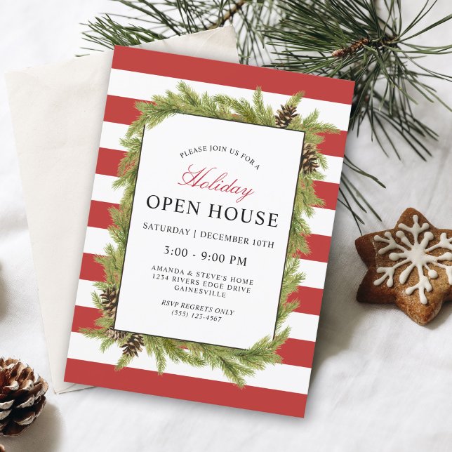 Evergreens and Stripes Holiday Open House Einladung (A festive holiday open house invitation in red and white stripes with evergreens.)