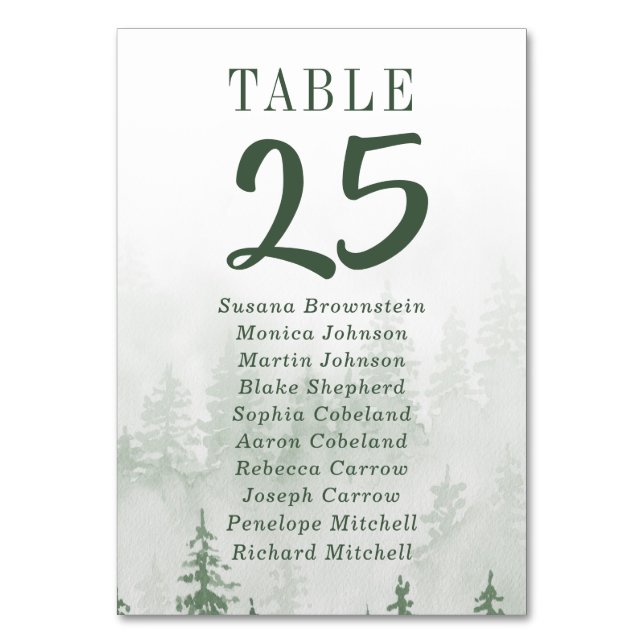 Evergreens im Fog Forest Green Guest Names Tischnummer (Vorderseite)