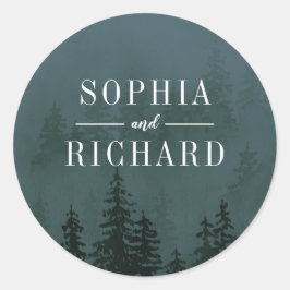 Evergreens in Fog Forest Slate Blue Wedding Runder Aufkleber