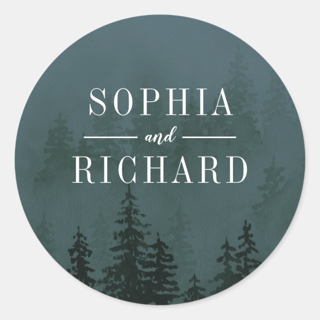 Evergreens in Fog Forest Slate Blue Wedding Runder Aufkleber (Vorderseite)