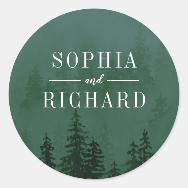 Evergreens in Forest Dark Green Wedding Runder Aufkleber (Vorderseite)