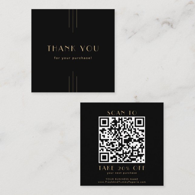 EVERLY Art Deco Black and Gold QR Code Thank You Rabattkarte (Vorne/Hinten)