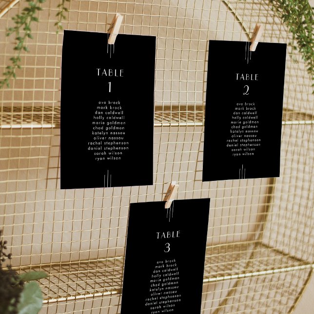 EVERLY Art Deco Black Wedding Seekarten Karten (EVERLY Art Deco Black Wedding Seating Chart Cards)