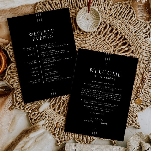 EVERLY Art Deco Black Wedding Weekend Tour Einladung (EVERLY Art Deco Black Wedding Weekend Itinerary Invitation)