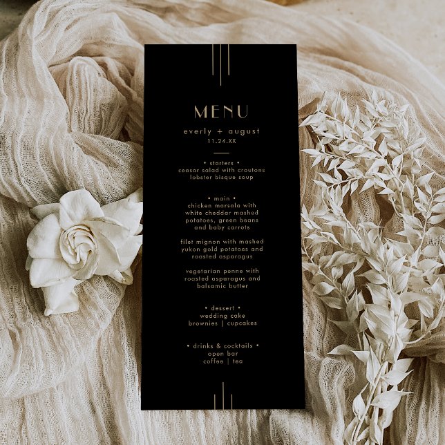 EVERLY Art Deco Menükarte (EVERLY Elegant Art Deco Black and Gold Wedding Menu)