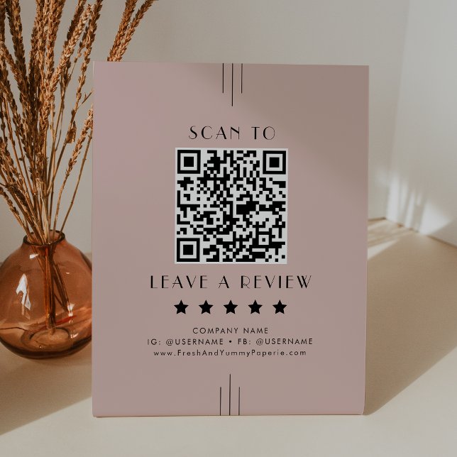 EVERLY Art Deco Rosafarben QR-Code Hinterlassen Si Sockelschild (EVERLY Art Deco Blush Pink QR Code Leave A Review Pedestal Sign)