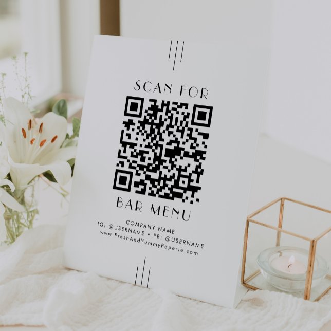 EVERLY Art Deco Weißer Schwarzer Bar Menu QR Code Sockelschild (EVERLY Art Deco White Black Bar Menu QR Code Pedestal Sign)