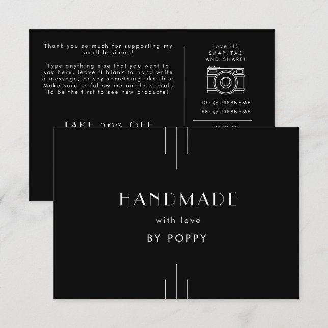 EVERLY Black Handmade with Love Thank You Order Begleitkarte (Vorne/Hinten)