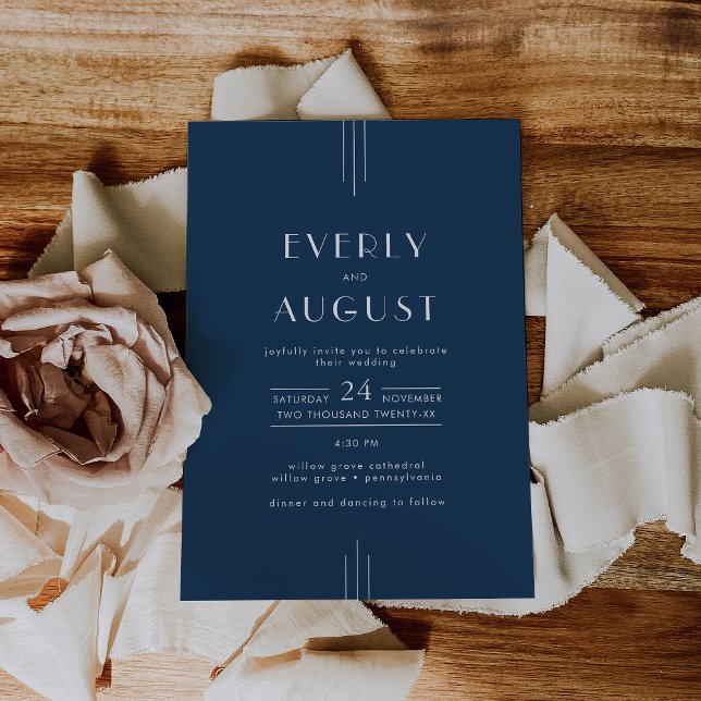 EVERLY Classic Modern Art Deco Navy Blue Wedding Einladung (EVERLY Classic Modern Art Deco Navy Blue Wedding Invitation)
