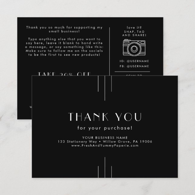 EVERLY Dark Black Small Business Thank You Order Begleitkarte (Vorne/Hinten)