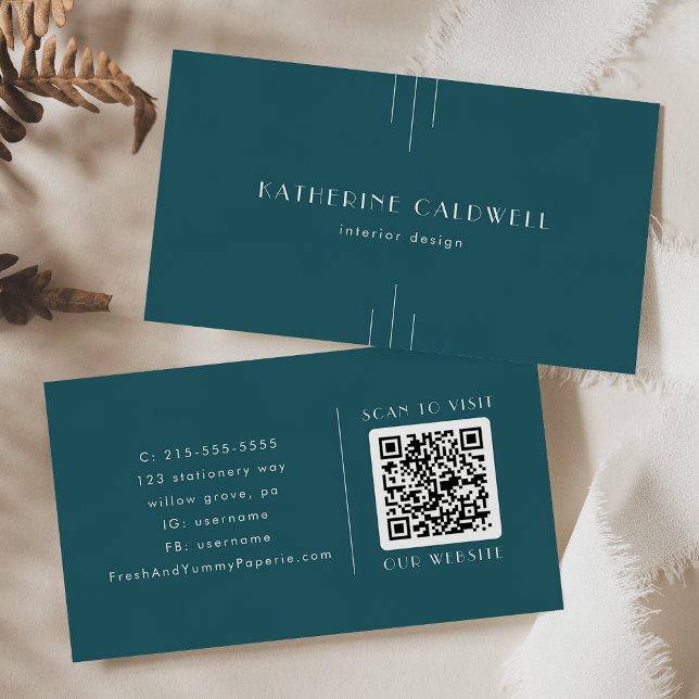 EVERLY Einfache Retro Art Deco Pfau Teal QR Code Visitenkarte (EVERLY Simple Retro Art Deco Peacock Teal QR Code Business Card)