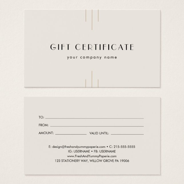 EVERLY Ivory Gold Black Business Gift Certificate (Devant & derrière)