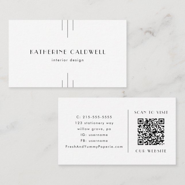 EVERLY Minimalist Art Deco White and Black QR Code Visitenkarte (Vorne/Hinten)