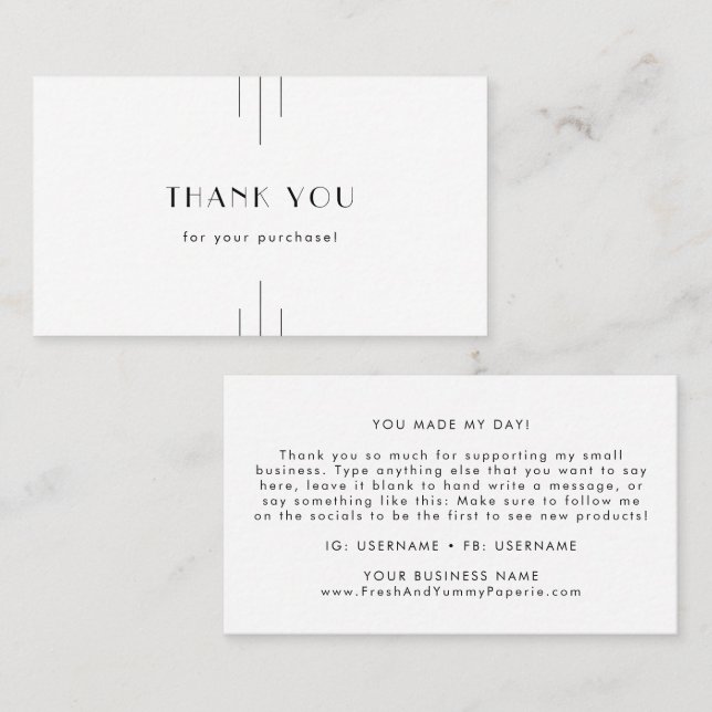 EVERLY Minimalist Art Deco White Black Thank You Visitenkarte (Vorne/Hinten)