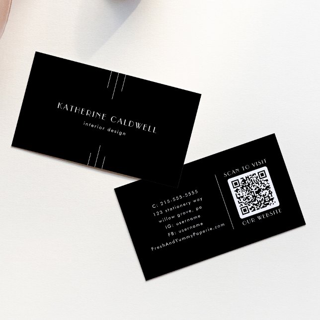 EVERLY Moderne Art Deco Schwarz-Weiß-QR-Code Visitenkarte (EVERLY Modern Art Deco Black and White QR Code Business Card)