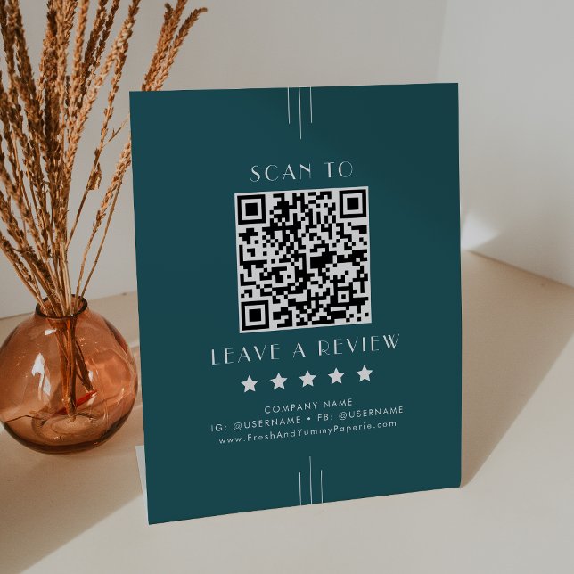 EVERLY Peacock Teal Retro QR-Code Hinterlasse eine Sockelschild (EVERLY Peacock Teal Retro QR Code Leave A Review Pedestal Sign)