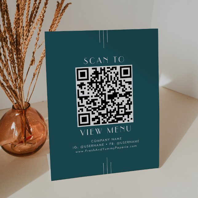 EVERLY Peacock Teal Retro Restaurant Menü QR Code Sockelschild (EVERLY Peacock Teal Retro Restaurant Menu QR Code Pedestal Sign)