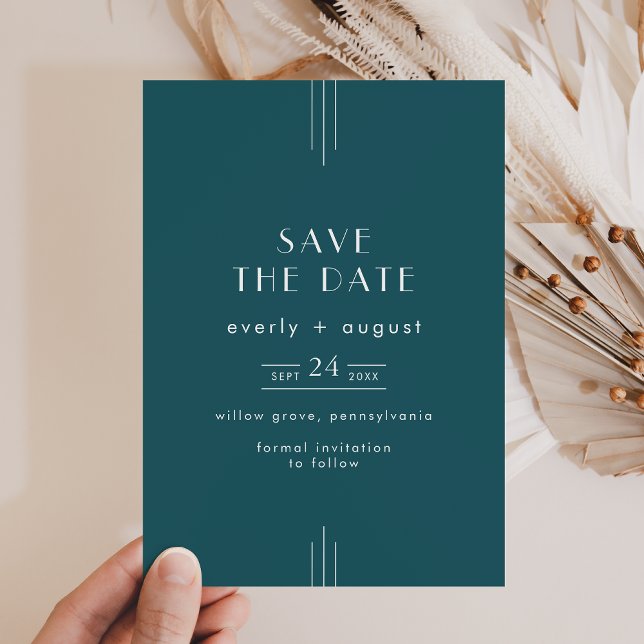 EVERLY Simple Retro Art Deco Peacock Teal Wedding Save The Date (EVERLY Simple Retro Art Deco Peacock Teal Wedding Save The Date)