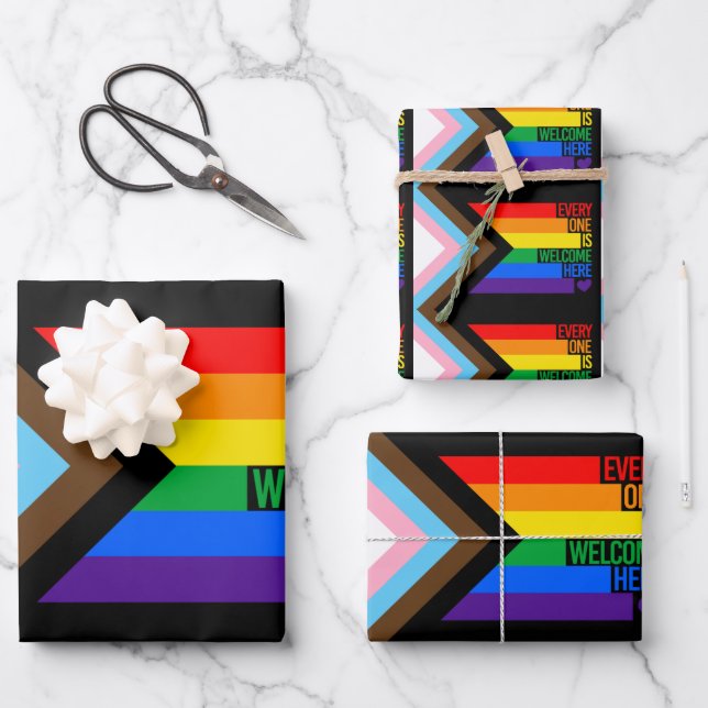 Everyone is Welcome Here (Progress Pride) Flag Geschenkpapier Set (Vorderseite)