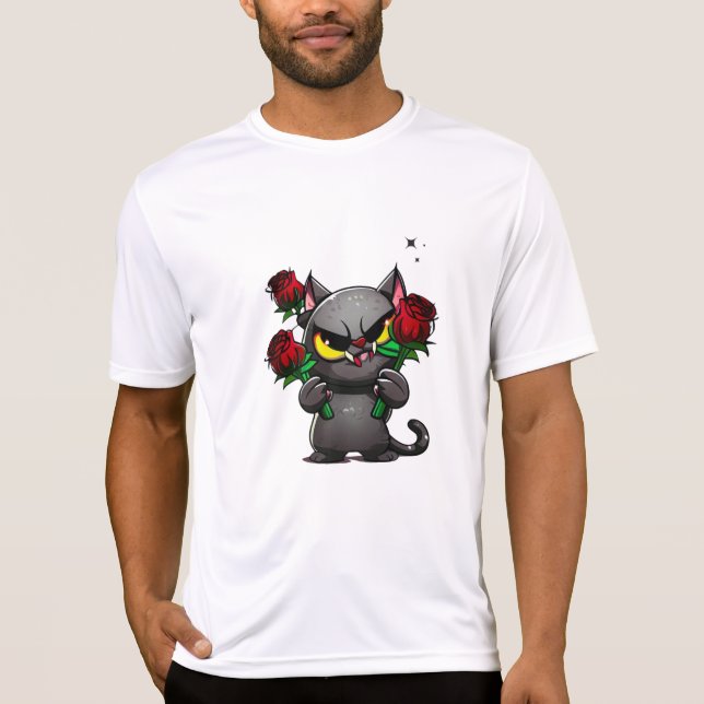 Evil Black Cat Holding Rose Cool Dunkle Sterne T-Shirt (Vorderseite)