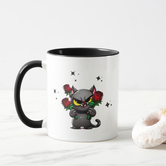 Evil Black Cat Holding Rose Cool Dunkle Sterne Tasse (Mit Donut)