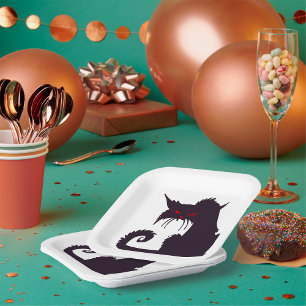 Evil Black Cat Silhouette mit Roten Augen Pappteller