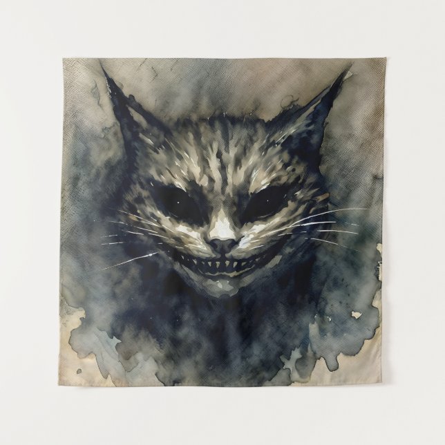 Evil Cat Lächeln Wasserfarben Artwork Wandteppich (Vorderseite)
