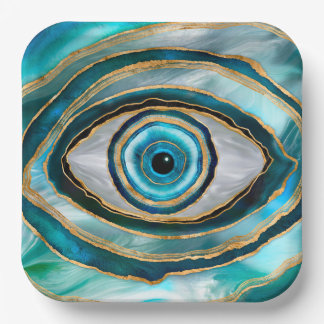 Evil Eye Amulet Aquarellmarmor und Gold Pappteller
