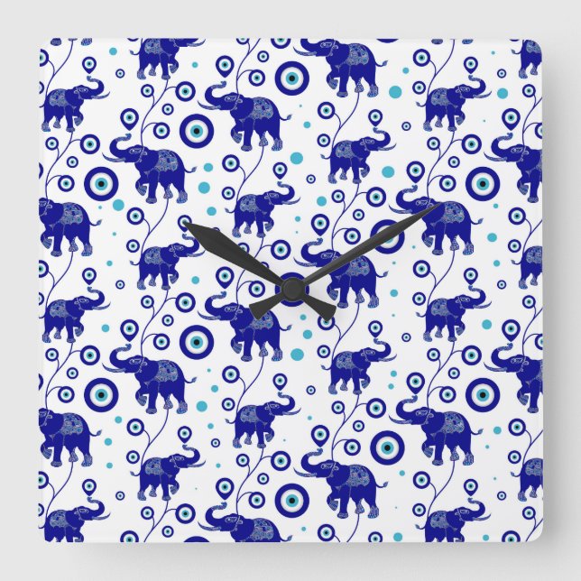 Evil Eye Elephant Viel Glück amulet Muster Quadratische Wanduhr (Vorderseite)
