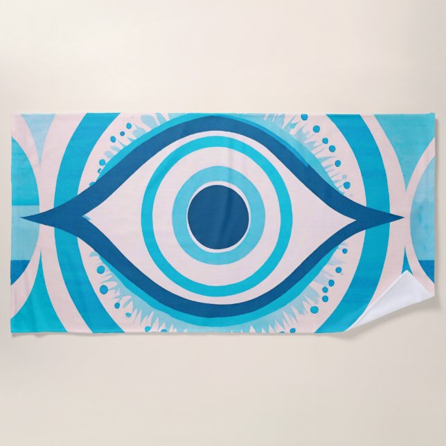 Evil Eye farbenfroh Blue Modern Beach Handtuch (Vorderseite)