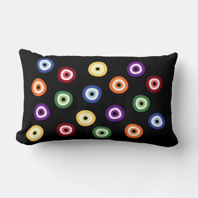 Evil Eye in Regenbogenfarben Schwarzes Lumbalkisse Lendenkissen (Vorderseite)